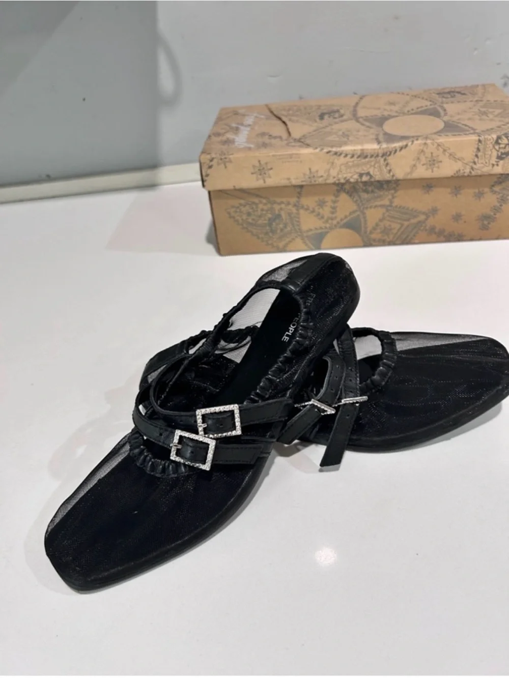 Free people Black Square-Toe Mary Jane Flats with Crystal Buckle Straps